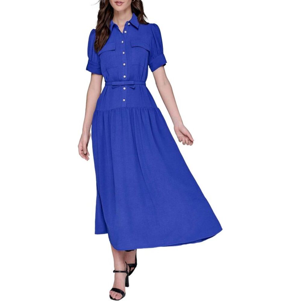 Karl Lagerfeld Paris Womens Belted Puff-sleeve Midi Shirtdress 8 Bright Sapphire